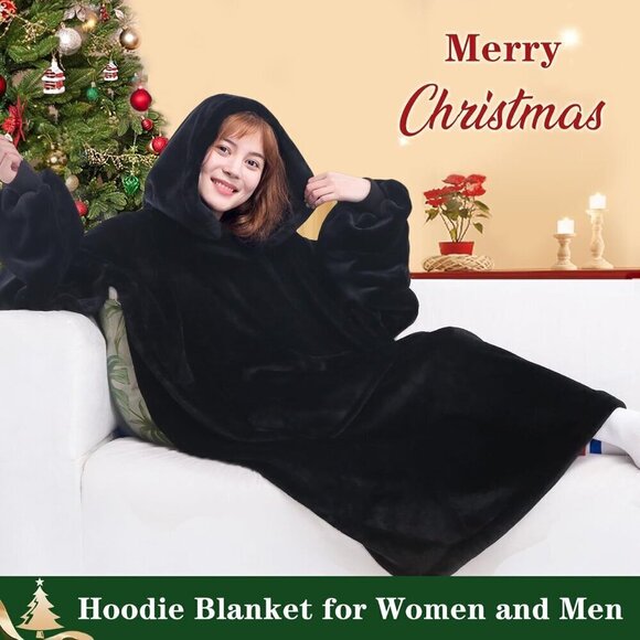 ⭐Sweat Black Warm Giant Hoodie Thick Flannel Blanket with Sleeve - Picture 3 of 6